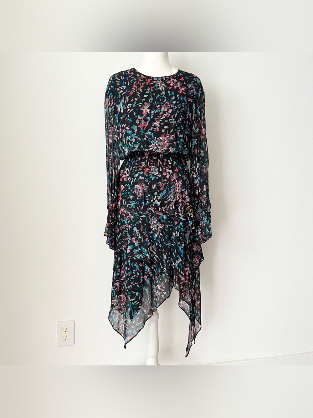 NWT IRO Black Print Dress Size 0 Handkerchief Hem Low Back Fairy Goth Ethereal